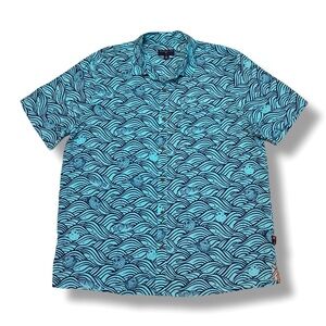 MARGARITAVILLE Short Sleeve Button Down Shirt-Aqua Blue Waves & Puffer Fish